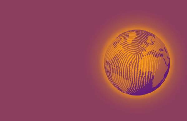 Grafische Darstellung der Erde mit Fingerabdruckmuster auf orangefarbenem Hintergrund
